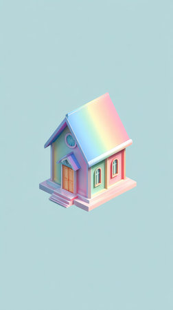 A vibrant illustration of a house with a rainbow roof, set against a soft blue backdrop.の素材