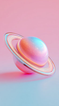 A vibrant, pastel-colored planet with rings, set against a soft pink and blue background, creating a dreamy, artistic space scene.の素材