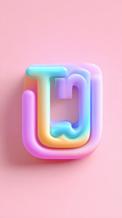 A vibrant, layered letter U in rainbow colors against a soft pink backdrop.の素材