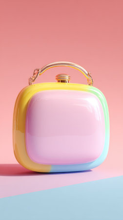 A vibrant handbag with a gold handle, set against a pastel pink and blue backdrop.の素材