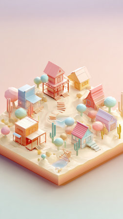 A vibrant, low-poly illustration of a charming village with pastel-colored buildings and trees, creating a whimsical and inviting scene.の素材
