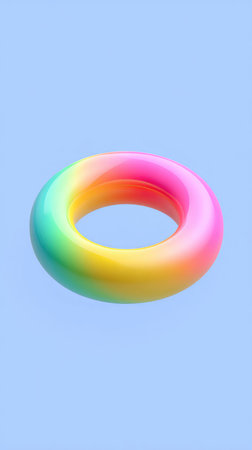 A vibrant rainbow-colored inflatable ring, perfect for summer fun and relaxation, set against a serene light blue backdrop.の素材