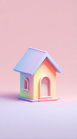 A vibrant and whimsical miniature house, set against a soft pink backdrop, perfect for design.の素材