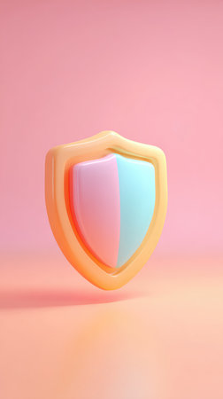 A colorful shield icon against a pink background, symbolizing security and protection.の素材