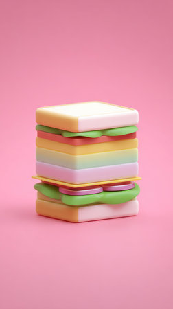 Artistic sandwich stack with colorful layers on a pink background, food concept.の素材