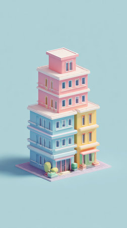 A whimsical illustration of pastel-colored buildings stacked together, creating a unique architectural composition.の素材