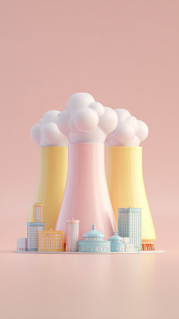 A whimsical illustration of a nuclear power plant in pastel colors, evoking a sense of playfulness and environmental awareness.の素材