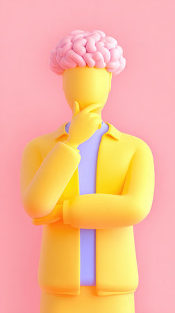 A conceptual illustration of a person with a brain, representing thought and ideas.の素材