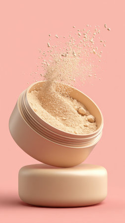 A jar of cosmetic powder with a light pink background, perfect for beauty and makeup.の素材