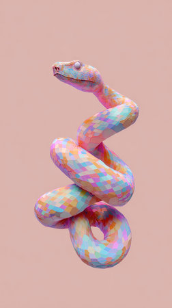 A vibrant illustration of a colorful snake against a soft pink backdrop. The snake is rendered in a unique, eye-catching style.の素材