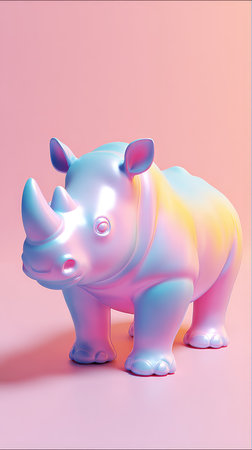 A vibrant and whimsical image featuring a colorful rhino statue set against a soft pink backdrop, showcasing artistic design.の素材