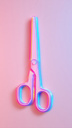 A pair of colorful scissors against a pink background, perfect for creative projects and design.の素材