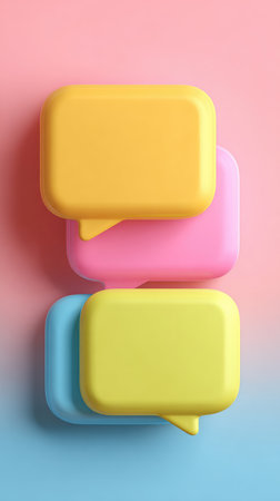 Three-dimensional speech bubbles in yellow, pink, and blue, arranged vertically against a gradient background.の素材