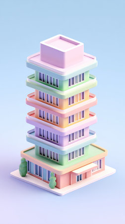 A vibrant illustration of a multi-story building with a pastel color palette, showcasing a modern architectural style.の素材
