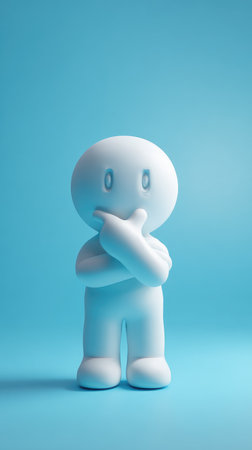 A white figure in a thoughtful pose against a serene blue backdrop, evoking contemplation and introspection.の素材