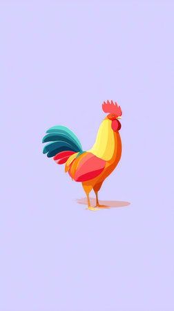 A vibrant illustration of a rooster with colorful feathers against a soft purple backdrop.の素材