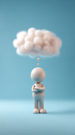 A minimalist figure pondering under a cloud, symbolizing thought and introspection.の素材