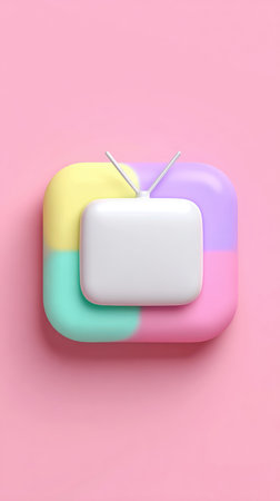 A minimalist illustration of a TV icon with a pastel color scheme on a pink background.の素材