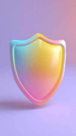 A glossy, iridescent shield rendered in soft, pastel colors, symbolizing protection, security, and defense. Perfect for design projects.の素材