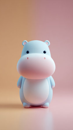 A charming blue hippo toy with a pink snout stands on a soft pink background, creating a delightful and playful scene.の素材