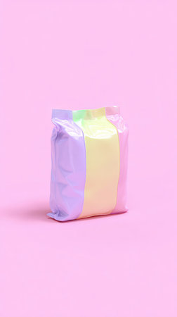 A close-up of a colorful candy wrapper on a pink background.の素材