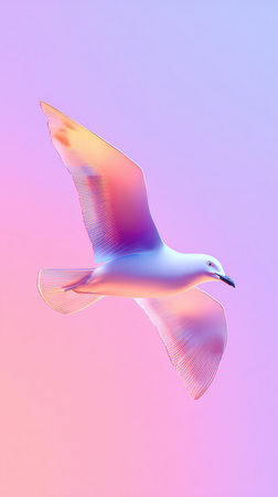 A vibrant image of a seagull in flight against a soft, pastel-colored sky, showcasing its wings and graceful movement.の素材