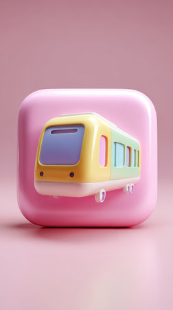 A charming 3D train icon set against a soft pink backdrop, perfect for transport themes.の素材