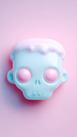 A cute blue zombie head with pink eyes on a pink background. Perfect for Halloween.の素材