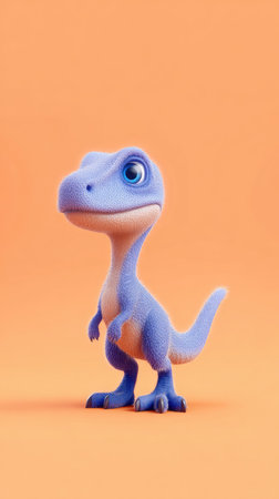 A charming cartoon dinosaur with a blue body and big eyes stands against an orange background.の素材