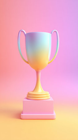 A vibrant trophy with a gradient finish, set against a soft, colorful backdrop, symbolizing achievement.の素材