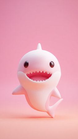 A charming pink shark toy with a happy expression against a soft pink backdrop.の素材