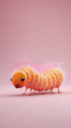 A close-up shot of a cute caterpillar toy on a pink background. The toy is orange and yellow with pink fluff.の素材