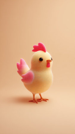 A charming chicken figurine with a soft, fluffy appearance and vibrant pink and red details, set against a warm peach backdrop.の素材