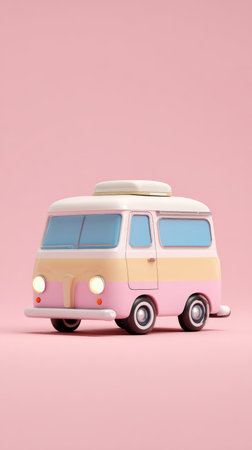 A charming illustration of a pink and yellow camper van against a soft pastel backdrop, perfect for travel and leisure themes.の素材