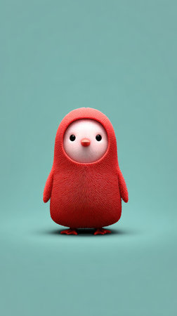 A charming red character with a white face and a teal background.の素材