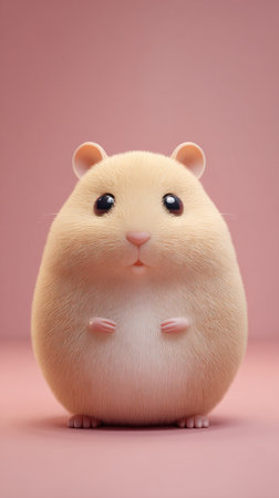 A charming portrait of a fluffy hamster with big eyes, set against a soft pink backdrop. The image captures the hamsters endearing expression and fluffy fur.の素材
