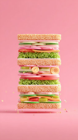 A vibrant image of a multi-layered sandwich showcasing fresh ingredients and textures.の素材