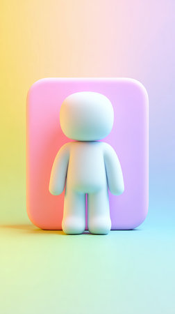 A small, light blue figurine stands in front of a pink background with a gradient of colors.の素材