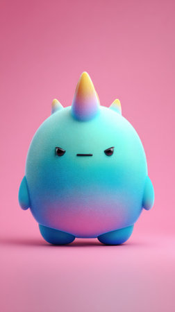 A charming illustration of a blue unicorn creature with a focused expression, set against a pink background.の素材