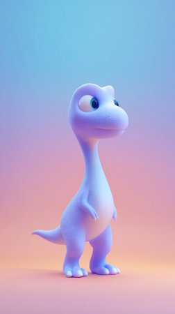 A cute cartoon dinosaur with a long neck and big eyes, standing in front of a gradient background.の素材