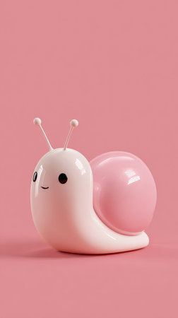 A cute cartoon snail with a pink shell and a happy expression. The background is a solid pink color.の素材