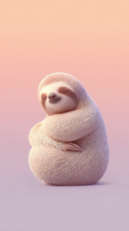 A fluffy sloth is depicted in a warm, soft, and cozy pose, hugging itself.の素材
