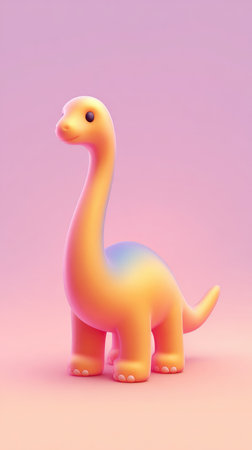 A charming cartoon dinosaur toy stands out against a soft pink backdrop, creating a playful and inviting scene.の素材
