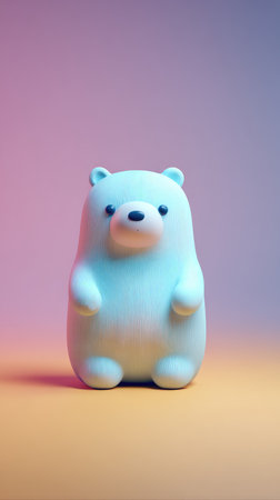 A charming blue polar bear figurine stands on a yellow surface against a gradient background.の素材