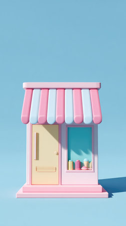 A charming pink shop with a striped awning, a yellow door, and a blue background. The shop has a window and a shadow.の素材