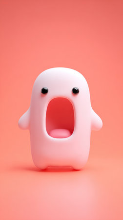 A cute pink creature with an open mouth and small arms stands on a pink surface.の素材