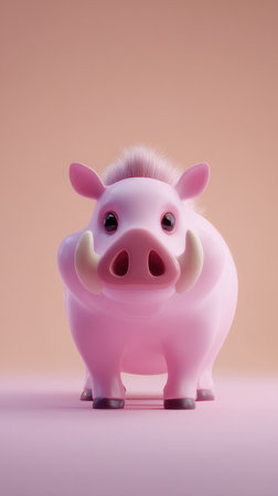 A charming studio shot of a cute pink piglet with tusks, a delightful cartoon character.の素材