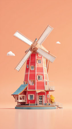 A detailed model of a red windmill with white blades and a blue roof, set against a peach-colored background.の素材