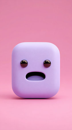 A cute purple face with big eyes and an open mouth is set against a pink background.の素材