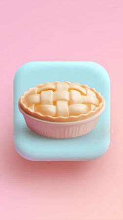 A close-up shot of a mini pie on a blue plate against a pink backdrop.の素材